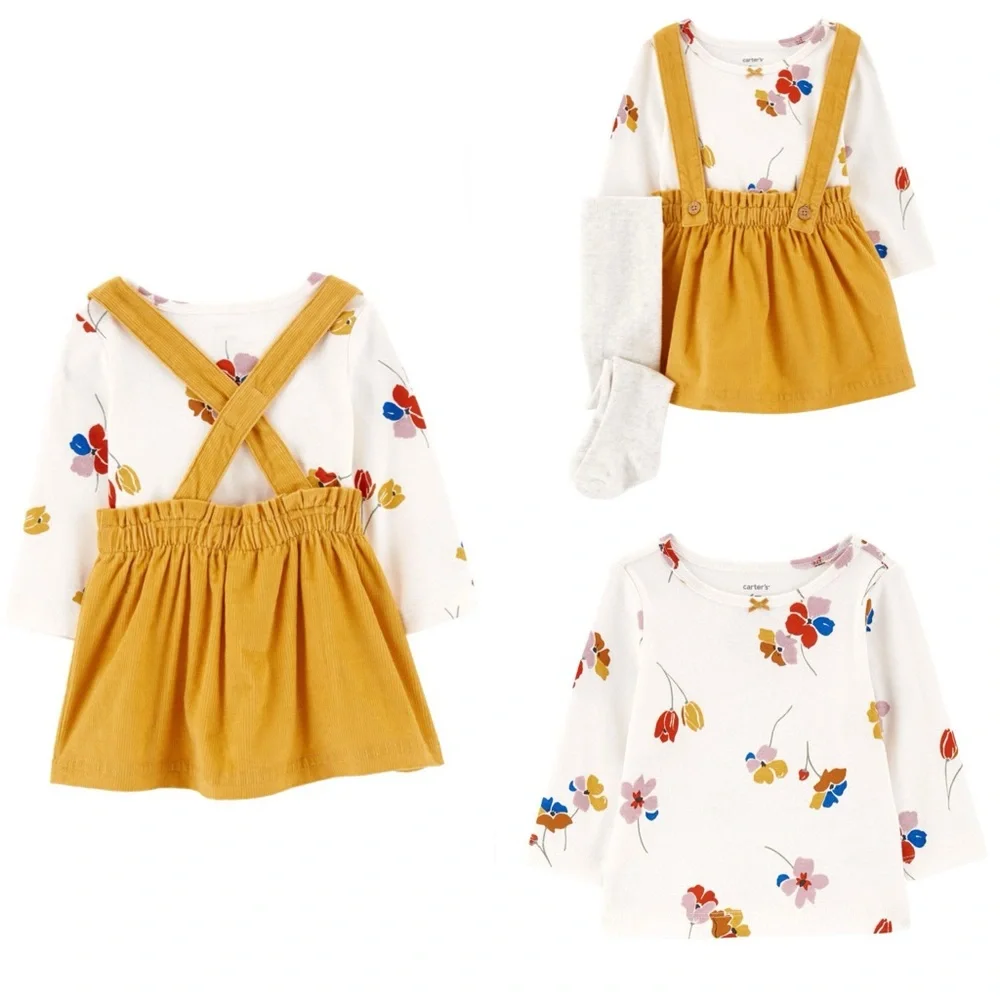 Baby Girl‎ Carter's 3-Piece Floral Tee, Corduroy Jumper, & Tights Set SIZE 24M